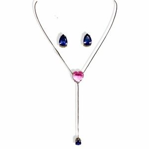 Silver Plated Pink Heart long necklace set